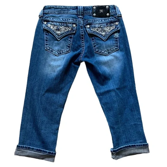 Miss Me Cuffed Capri Jeans JP6168P Bling Flap Pockets Size 28